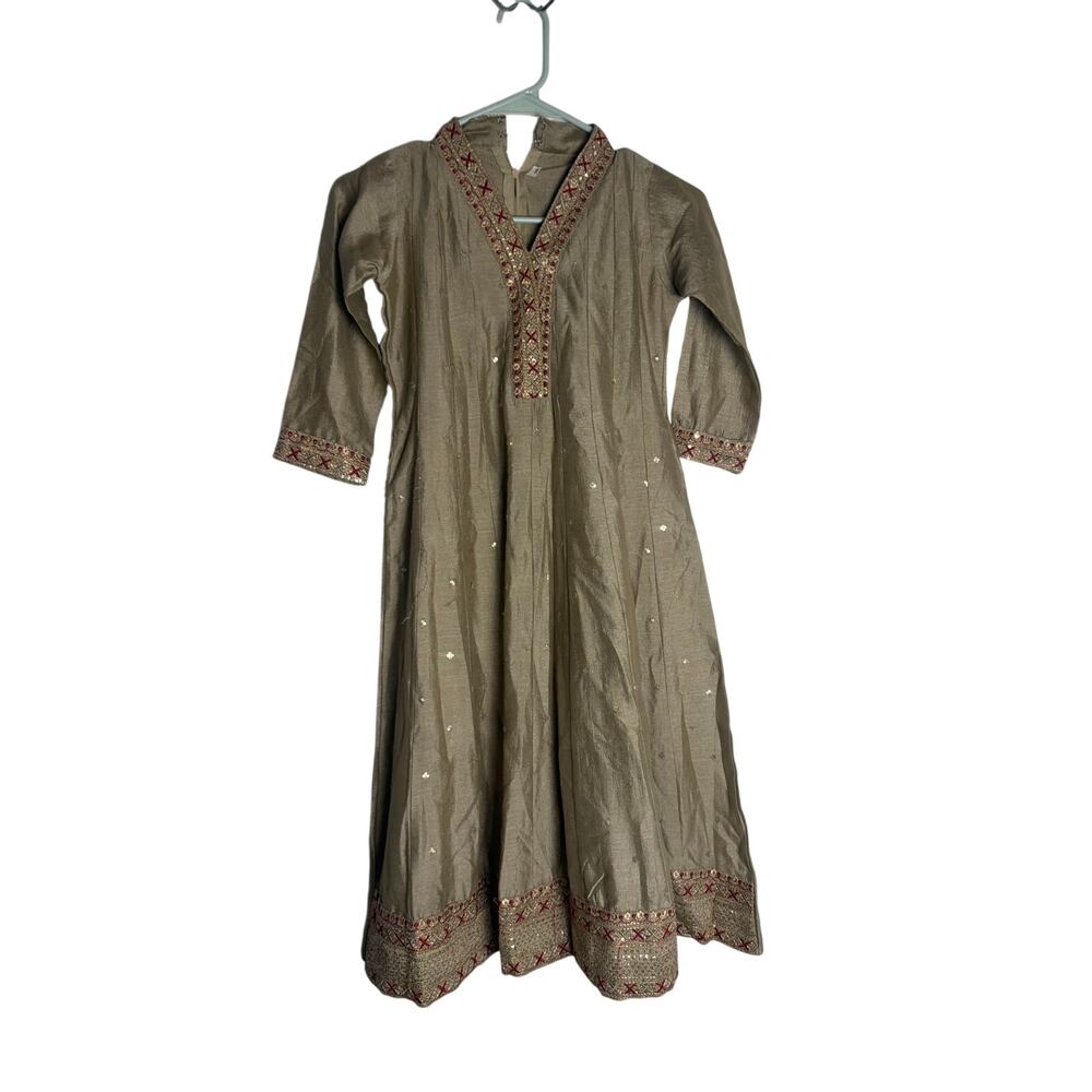 Handmade Olive Grey Kurti Fit & Flare Dress Girls 28 South Asian Tunic Gown 37"